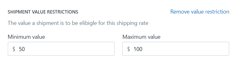Example of a rate value restriction from 50 to 100 dollars